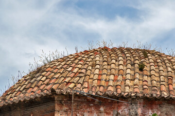 Wall Mural - Tiled roof of old countryside house closeup on sky background