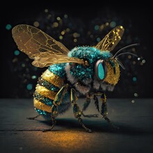 Bumble Bee On Dark Background, Luminescent Green And Blue Colors With Golden Polen