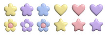 3D Pastel Flower Heart And Star Set. Y2k Daisy Stickers In Trendy Plastic Style. Vector Illustration With Plasticine Effect Isolated On Withe Background. 3D Render.