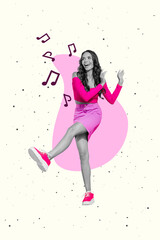 Poster - Vertical collage image of excited cheerful girl black white gamma wear pink clothes dancing partying isolated on creative background