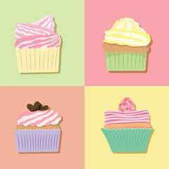 Wall Mural - Vector illustration of cute cupcake collection on pastel background