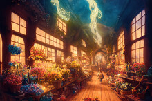 Fantasy City With Bizarre Lighting, Spectacular Digital Art 3D Illustration Medieval Fantasy Flower Shops In The Market. Street Market In A Fantasy Setting With A Warm Tone Like A Fairy Tale.
