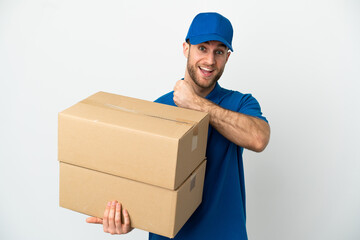 Delivery man over isolated white background celebrating a victory