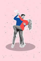 Wall Mural - Collage photo banner of young couple dancing together love rhythm music hands together excited relax in nightclub isolated on pink color background