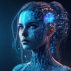 Poster - Artificial intelligence in image of cyborg girl with electronic brain. Futuristic modern Generative AI