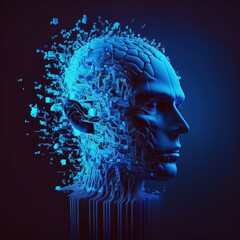 Poster - Artificial intelligence or AI in image humanoid head with anthropomorphic face analyzing flow big data. Futuristic modern , AI