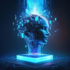 Poster - Artificial intelligence with virtual hanging head on podium. Futuristic modern , AI
