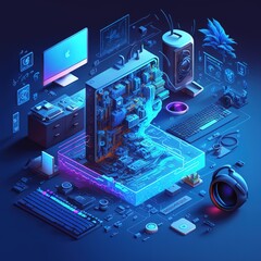 Poster - Computer technology isometric illustration. Futuristic modern Generative AI