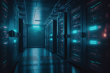 Aufkleber - Data center or server room with servers of information cloud storage. Futuristic modern , AI