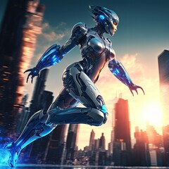 Wall Mural - Flying robot or cyborg woman in superhero iron suit. Futuristic modern AI