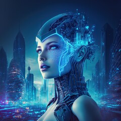Poster - Futuristic smart city on head AI in image female cyborg or robot woman. Futuristic modern Generative AI