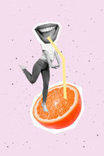 Vertical Collage Picture Of Black White Gamma Girl Stand Big Half Orange Smiling Mouth Instead Head Sip Juice Drawing Straw