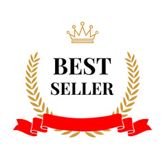 Wall Mural - best seller golden laurel wreath with crown, red ribbon and black text. vector quality badge, emblem