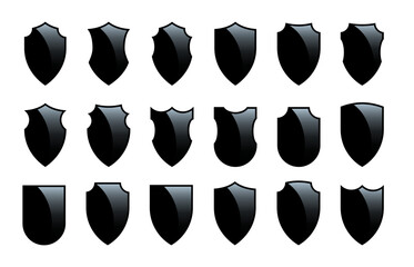 Wall Mural - Black shields of different shapes, mirror light effect set, 3d antivirus security emblem