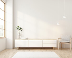 Wall Mural - Japandi style living room decorated with minimalist tv cabinet. 3d rendering