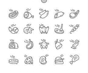 Wall Mural - Smoked meat. Chicken, bacon, pork, steak, lamb, salami, sausages. Meat products for butchers, restaurans, cafe, groceries. Pixel Perfect Vector Thin Line Icons. Simple Minimal Pictogram