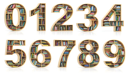 Poster - Set of numbers in form of bookshelf with book and texbooks. Educational and learning conceptual font and alphabet.