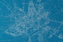 Map Of The Streets Of Lublin (Poland) Made With White Lines On Blue Background. 3d Render, Illustration