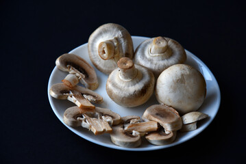 Wall Mural - Porcini mushrooms in a white plate on a black background. Fruits of large white champignons close-up. Beautiful mushrooms in a plate.
