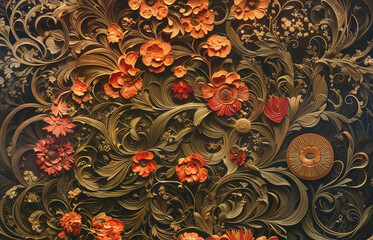 Wall Mural - Flower in style of wood carving 