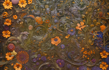 Wall Mural - Flower in style of wood carving 