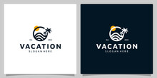 Vacation Logo Design Template With Tropical Beach And Palm Tree Design Vector Illustration. Icon, Symbol, Creative.