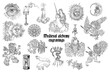 Set of gothic alchemical occult astrological motifs. Medieval engraving style. Sun, moon, heraldic lion, eagle, unicorn, snake, fantasy beasts, ornamental elements, candle, hourglass, masonic symbols.