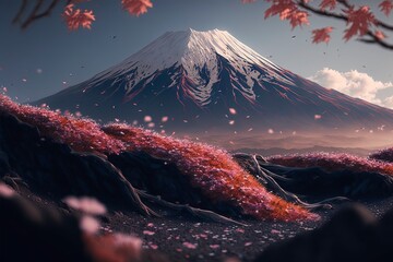 Poster - Mount Fuji and cherry blossom petals