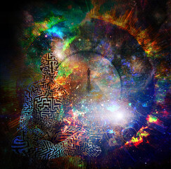 Wall Mural - burning man with maze pattern meditate in lotus pose