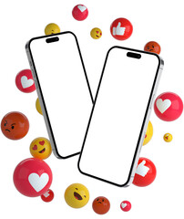 Wall Mural - smart phone included with social media emojis created for mockups with blank screen on isolated empt
