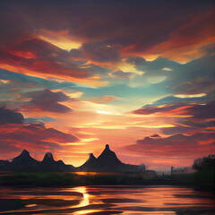 Wall Mural - A illustration of sunny sky in at sunset.