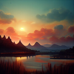 Wall Mural - A illustration of sunny sky in at sunset.