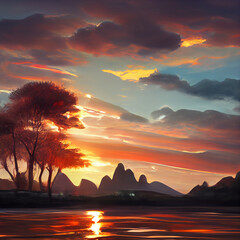 Wall Mural - A illustration of sunny sky in at sunset.