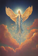 Beautiful angel with golden wings in a blue dress in the sky among the clouds, AI generated image