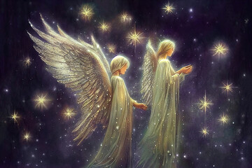 Two angels in the starry dark night sky, painting style, AI generated image