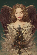 AI Generated Portrait Of A Beautiful Angel With A Christmas Tree, Painting Style, AI Generated Image