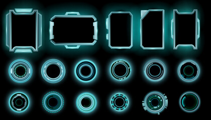 Sfi-fi game frame vector space HUD set, digital cyber overlay border kit, blue neon lights effect. Futuristic rectangle monitor menu, round UI design element, technology dashboard. Game frame screen