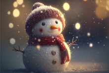 Tiny Cute Snowman Standing On Snowy Field In Winter Christmas Festive.