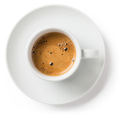 white cup and saucer with freshly brewed strong black espresso coffee with crema, isolated beverage design element, top view / flat lay