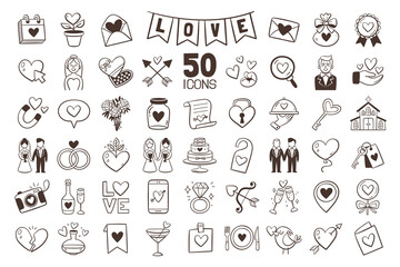 Wedding doodle icon collection. Doodle love symbols, wedding and celebration elements. Perfect for weddings and Valentine's events. 50 Hand drawn clipart isolated on white background.