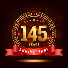 145th Anniversary Logo Design. Golden number 145 with sparkling confetti and ribbon, Vector Template Illustration