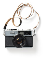 Small Vintage Analog Photo Camera With Black Leather Strip, Isolated Design Element, Perfect For Collage Or Flatlay / Top View Scenes, Old Photographic Gear