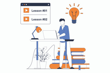 Leinwandbilder - Distance learning concept with people scene in flat outline design. Man studies on educational platform and opens new lessons using laptop. Vector illustration with line character situation for web