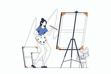 Leinwandbilder - Hobby concept with people scene in flat outline design. Woman artist draws picture on easel, spends leisure time and studying in art studio. Vector illustration with line character situation for web