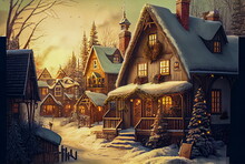 Christmas Village With Snow In Vintage Style, Winter Village Landscape. Christmas Holidays