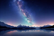 A serene winter landscape with the snow-capped mountains, Reflection on the Lake and the glittering night sky with the Milky Way Galaxy | Generative Ai Art