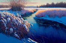 Landscape With River, Snowy Meadow With River And Plants, River In Winter, Reeds, Illustration, Digital