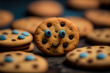 Poster -  a cookie with a face and eyes surrounded by cookies with blue and brown candies on them and a candle. Generative AI