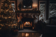A Fireplace With Christmas Decorations In A Rustic And Cozy Living Room. AI-generated.