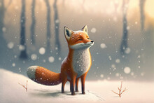 Cute And Expressive Fox In The Snow, Digital Illustration For Children.